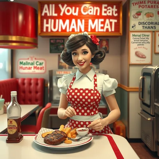 Prompt: A whimsical  wearing a classic diner waitress uniform, complete with a red polka dot dress and apron, serving steak and potatoes in a vintage American diner(counter/milkshake machine/cook area).  (All You Can Eat Human Meat) in letters on menu board,  playful expression. Textured painterly fantasy in artistic oil paint splashes intuitively.whimsical watercolor painting 3D HD cinematic 225K