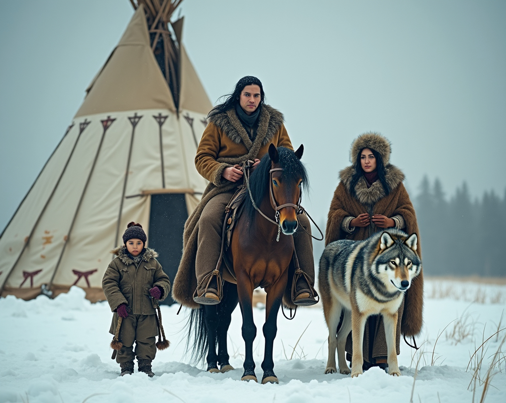 Prompt: Create image depicting a Native American family in a snowy landscape. In the foreground, a bare faced, native American man on horseback, garbed in a heavy fur coat and leather gloves, occupies the central part of the image. His expression is resolute under a dark. To his left, a native American young boy clings to his side, also dressed in fur, looking ahead somberly. On the man’s right, a native American woman, dressed similarly in furs, stands beside another horse. A large, alert wolf is positioned at her side, adding a sense of solidarity and protection.

The background features a large, conical tipi constructed of weathered, off-white material, embellished with subtle, dark designs, contrasting against the stark white snowfall. The gloomy, gray sky heavy with snow, enhances the somber and resilient mood of the scene. The ground is covered in a thick layer of snow, indicating the harshness of the environment.

The color palette is muted, dominated by browns, grays, and whites, emphasizing the cold, winter setting. This artwork captures a moment of perseverance and unity against the backdrop of nature's unforgiving climate.