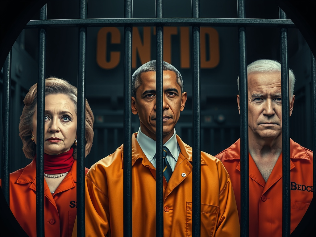 Prompt: (a powerful image of 3 political leaders), Hillary Clinton, Barrack Obama, Joe Biden, (all wearing orange prison uniforms), standing together, behind prison bars, (dark and gritty ambiance), (high contrast lighting), (evocative expressions), (capturing tension and atmosphere), (ultra-detailed), (circular framing), intense colors, (the backdrop reveals a gloomy prison setting).