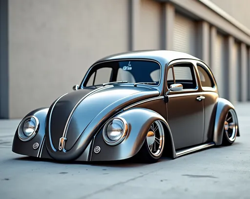 Prompt: Insanely detailed professional photograph of a highly stylized, vintage car presented in a low-angle perspective, enhancing its sleek and elegant design. The car is a modified Volkswagen Beetle, notable for its rounded, streamlined shape and glossy metallic paintwork, primarily in a deep, reflective graphite gray with slight blue undertones. Its body is significantly lowered, almost touching the ground, suggesting a custom lowrider modification. The front of the car features large, prominent headlights that are seamlessly integrated into the curvature of the front fenders, and a slender, oval-shaped grille placed low on the front fascia. The windows are heavily tinted, creating a stark contrast with the lustrous exterior. Chrome details accentuate features like the rims, mirrors, and the decorative strip running down the center of the front hood, adding a touch of sophistication.

The background is minimalist, with a solid, light gray concrete surface that blurs towards the horizon, meeting a soft, out-of-focus neutral-toned wall that suggests an enclosed space, possibly an industrial hangar. This setting accentuates the car's polished finish and curvaceous form by providing a clean, uncluttered backdrop.