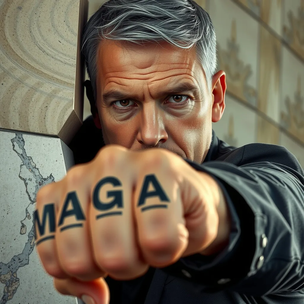 Prompt: create A hyperdetailed photorealistic image of a middle aged man with a powerful and determined expression and a furrowed brow, with his fist punching his way through a stone wall from the other side. The letters "MAGA" tattooed on his knuckles. The marble wall appears three-dimensional. Dust is shown where she punches through the wall. The man is depicted in with brown eyes that are intensely lit from behind. Gray hair, short thin gotee