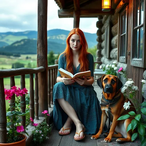 Prompt: A beautiful and charming woman, extremely long red hair, freckles,green eyes, boho style sort lace up  dress, blue and green colors, barefoot, reading while sitting on the landing of her rustic home in the village, surrounded by picturesque landscapes, blooming flowers and a medium-sized Labrador near her. Blender, fine details, ultra high definition, extremely high resolution, HDR