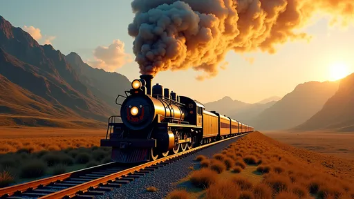 Prompt: a realistic dramatic image of a vintage steam locomotive traveling down a railroad track through a scenic valley surrounded by mountains and fields. The train is emitting a trail of smoke that forms the words"Trump Train", with red and white stripes and stars on a blue background. The setting is during sunset, casting warm, golden light across the landscape, enhancing the colors of the train and the smoke. The train appears powerful and majestic, with detailed metallic textures and classic design features."