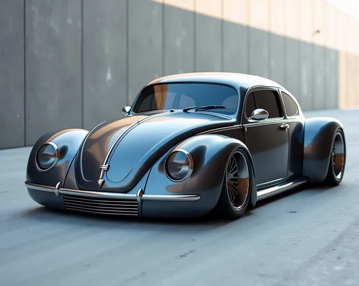 Prompt: Insanely detailed professional photograph of a highly stylized, vintage car presented in a low-angle perspective, enhancing its sleek and elegant design. The car is a modified, new, stretched, modern concept,  Volkswagen Beetle, notable for its rounded, streamlined shape and glossy metallic paintwork, primarily in a deep, reflective graphite gray with slight blue undertones. Its body is significantly lowered, almost touching the ground, suggesting a custom lowrider modification. The front of the car features large, prominent headlights that are seamlessly integrated into the curvature of the front fenders, and a slender, oval-shaped grille placed low on the front fascia. The windows are heavily tinted, creating a stark contrast with the lustrous exterior. Chrome details accentuate features like the rims, mirrors, and the decorative strip running down the center of the front hood, adding a touch of sophistication.

The background is minimalist, with a solid, light gray concrete surface that blurs towards the horizon, meeting a soft, out-of-focus neutral-toned wall that suggests an enclosed space, possibly an industrial hangar. This setting accentuates the car's polished finish and curvaceous form by providing a clean, uncluttered backdrop.