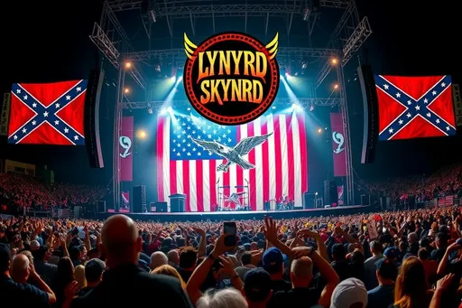 Prompt: create an insanely detailed professional photograph Standing in the middle of a massive crowd, the air buzzing with anticipation. The stage is set with an elaborate backdrop featuring the American Flag and the Confederate Flag, reflecting the band’s edgy and rebellious spirit. The lights dim, and the crowd erupts into cheers as the iconic Lynyrd Skynyrd logo flashes on the giant screens. Add mezzoforce ice for clarity.