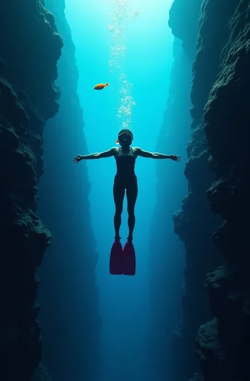 Prompt: Create image of a diver in a vertical, deep blue underwater scene, framed by dark, jagged rock formations on each side, suggesting a narrow canyon. The water is a clear azure, lighter at the top and gradually darkening towards the bottom. The diver is centered, arms stretched out slightly and legs partially bent at the knees; she is equipped with flippers, visible as bright pink against the dark depth. She wears a dark mask and snorkel, and her attire is simple, perhaps a dark sports swimsuit. Bubbles escape from the diver, adding a sense of movement. The light source from above illuminates the upper part of her body and the surrounding rocks, creating a natural spotlight effect. Towards the top left corner, a small, vividly colored fish, possibly orange or bright red, contrasts with the deep blue. The image conveys a sense of serene isolation within the underwater canyon environment.