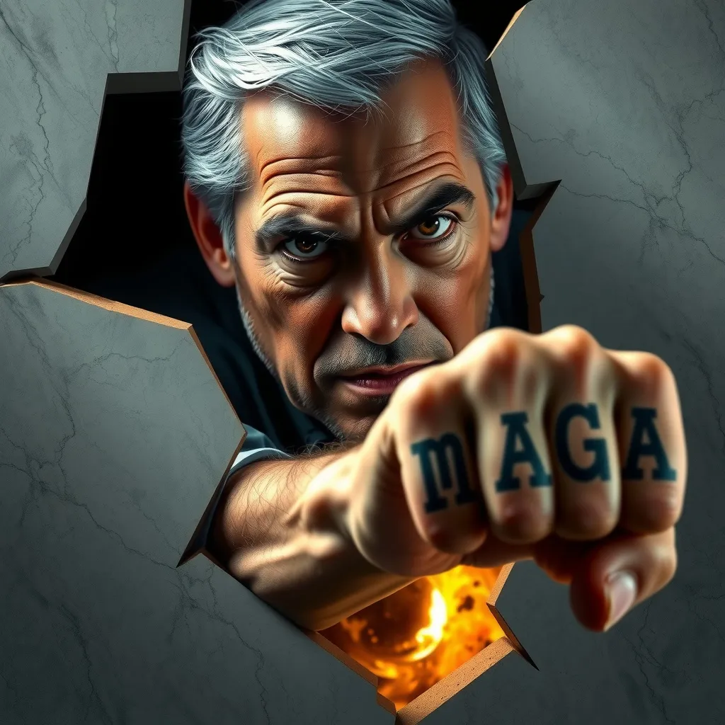 Prompt: create A hyperdetailed photorealistic image of a middle aged man with a powerful and determined expression and a furrowed brow, with his fist punching his way through a stone wall from the other side. The letters "MAGA" tattooed on his knuckles. The marble wall appears three-dimensional. Dust is shown where she punches through the wall. The man is depicted in with brown eyes that are intensely lit from behind. Gray hair, short thin gotee