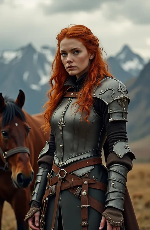 Prompt: Create an image of a woman with striking, long, wavy red hair and fair skin, centered prominently. She wears a medieval-inspired armored outfit, primarily in shades of dark grey and brown, featuring a detailed breastplate, pauldrons, and leather straps. Her attire is complemented with a brown leather belt adorned with pouches and a sheathed dagger. In the background, a majestic mountainous landscape stretches under a cloudy sky, bathed in a moody, soft golden light. Two brown horses, complete with leather bridles, stand to her left, partially out of frame, suggesting companions on a journey. The overall tone is a blend of realism and fantasy, evoking a narrative of adventure and resilience.