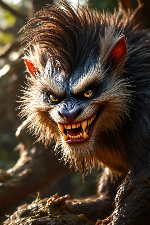 Prompt: photorealistic, breathtakingly detailed, magnificently beautiful creature with exaggerated features, intricate texture, joyful expression, lighthearted atmospheric lighting, shadows, jungle environment, ultra-detailed, high definition, evokes joy and fascination, impressive craftsmanship, magnificent blend of realism and imagination.