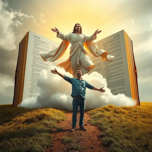 Prompt: Create image of a surreal scene. A gigantic, open book, vertical and radiating golden light, serves as background. Pages filled with detailed text frame the book's interior. Emerging from the book, a Jesus Christ dressed in flowing white robes exudes divine light. The figure floats on swirling, billowing clouds that extend from the book's base to the ground. The figure reaches outwards with grace and serenity. In the foreground, a man in modern casual clothing—blue shirt, jeans, brown shoes—extends his arm towards the divine figure in reverence. He stands on a dirt path amidst a grassy, slightly hilly landscape. Wisps of clouds and golden hues infuse the background sky, blending with the earthly tones below. The overall color palette mixes soft, muted greys and whites of the clouds with deep, warm earth tones and golden illumination, creating a harmonious and ethereal atmosphere. The proportions magnify the divine figure and the book, emphasizing their surreal and spiritual essence.