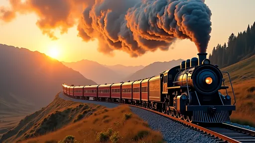 Prompt: a realistic dramatic image of a vintage steam locomotive traveling down a railroad track through a scenic valley surrounded by mountains and fields. The train is emitting a trail of smoke that forms the words"Trump Train", with red and white stripes and stars on a blue background. The setting is during sunset, casting warm, golden light across the landscape, enhancing the colors of the train and the smoke. The train appears powerful and majestic, with detailed metallic textures and classic design features."