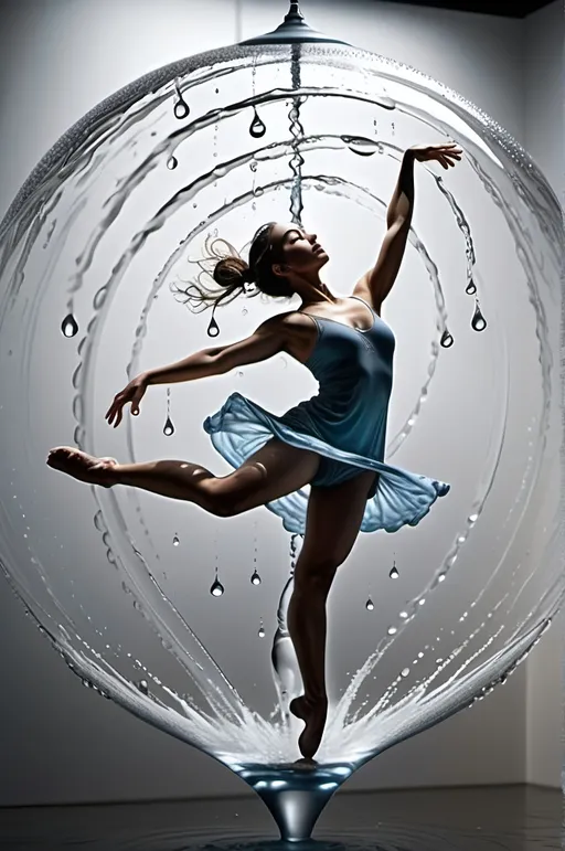 Prompt: hyper-realistic, detailed world where water droplets possess unique lives and personalities, engaging in an aerial dance with twirls and swirls in complex patterns, from the viewpoint of an individual droplet, capturing its emotions and journey upon reaching the ground where the dance morphs into a different expression