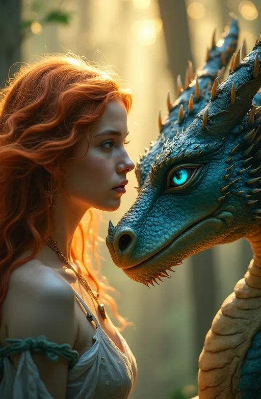 Prompt: Create an image that features a mystical scene with a young woman and a dragon, reminiscent of the style seen in high fantasy illustrations. The woman, positioned on the left, has flowing, fiery orange hair and a delicate profile with soft, fair skin. Her gaze is locked tenderly on the dragon, conveying a sense of connection and wonder. She wears no visible clothing, adding to the timeless feel of the image.

The dragon, on the right, is detailed with scales in various shades, primarily teal with hints of gold around the underbelly and throat. Its eyes are luminous and bright blue, creating a focal point of mystical energy. The dragon's snout is slightly pointed towards the woman, suggesting a gentle interaction.

The background boasts a soft-focus forest environment, bathed in a warm, golden light that seems to filter through trees, creating a backlit effect. This lighting enhances the magical, ethereal atmosphere, casting subtle glows on the edges of the dragon’s scales and the woman's hair.

Their facial expressions and the proximity of their heads suggest a storyline filled with empathy, intrigue, and a deep bond between the human and mythical creature. This composition could evoke themes of harmony, mutual respect, or friendship across different beings.