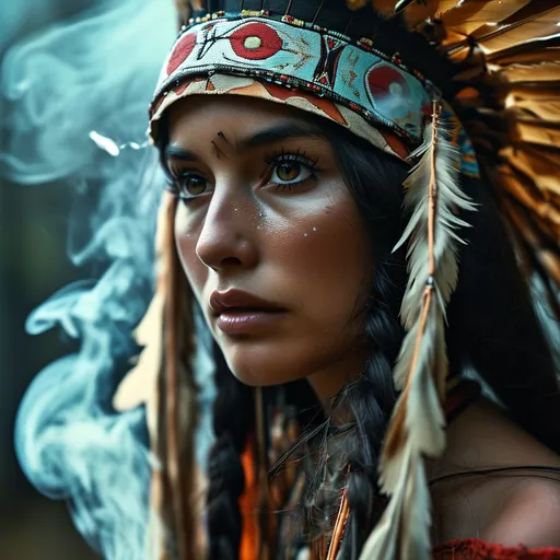 Prompt: An ultra macro image of a gorgeous native American young lady next to a camp fire in the woods, ghostly smoke rises from the fire to form female fairies, highly detailed features, long braided hair