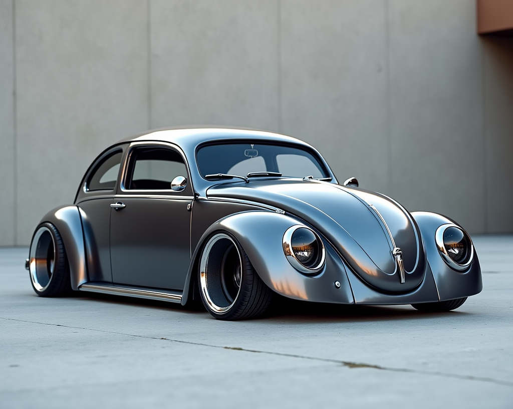 Prompt: Insanely detailed professional photograph of a highly stylized, vintage car presented in a low-angle perspective, enhancing its sleek and elegant design. The car is a modified, new, stretched, modern concept,  Volkswagen Beetle, notable for its rounded, streamlined shape and glossy metallic paintwork, primarily in a deep, reflective graphite gray with slight blue undertones. Its body is significantly lowered, almost touching the ground, suggesting a custom lowrider modification. The front of the car features large, prominent headlights that are seamlessly integrated into the curvature of the front fenders, and a slender, oval-shaped grille placed low on the front fascia. The windows are heavily tinted, creating a stark contrast with the lustrous exterior. Chrome details accentuate features like the rims, mirrors, and the decorative strip running down the center of the front hood, adding a touch of sophistication.

The background is minimalist, with a solid, light gray concrete surface that blurs towards the horizon, meeting a soft, out-of-focus neutral-toned wall that suggests an enclosed space, possibly an industrial hangar. This setting accentuates the car's polished finish and curvaceous form by providing a clean, uncluttered backdrop.