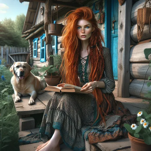 Prompt: A beautiful and charming woman, extremely long red hair, freckles,green eyes, boho style sort lace up  dress, blue and green colors, barefoot, reading while sitting on the landing of her rustic home in the village, surrounded by picturesque landscapes, blooming flowers and a medium-sized Labrador near her. Blender, fine details, ultra high definition, extremely high resolution, HDR