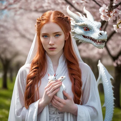 Prompt: Insanely detailed professional photograph of a gorgeous young woman, extremely long braided red hair freckles, wearing a white see through cloak, holding a small white dragon in her hands. The scene is set in a beautiful cherry blossom grove around Her. The woman’s piercing blue eyes gaze intently at the dragon, which appears both powerful and delicate. The background is sunny and cheerful, overall mood is mystical & intense