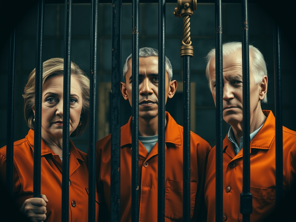 Prompt: (a powerful image of 3 political leaders), Hillary Clinton, Barrack Obama, Joe Biden, (all wearing orange prison uniforms), standing together, behind prison bars, (dark and gritty ambiance), (high contrast lighting), (evocative expressions), (capturing tension and atmosphere), (ultra-detailed), (circular framing), intense colors, (the backdrop reveals a gloomy prison setting).