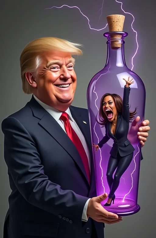 Prompt: Insanely detailed realistic professional photograph featuring two exaggerated caricature figures. In the foreground, a male figure (Donald Trump) with light skin and distinctive blond hair styled in a sweeping manner, wearing a formal dark suit, smiles while holding a large, ornate glass bottle. Inside the bottle, a female figure (Kamala Harris) with brown skin, in a dark, refined, purple pant suit, is depicted with an angry expression of being trapped and screaming. Her pose is dynamic, with one arm stretched upwards and the other bent, echoing desperation. The bottle, sealed with a large, rustic cork, houses purple lightning bolts that illuminate the trapped figure and match the vibrant purple details of her attire, adding a surreal, magical element. The background is a muted, dark gray that aids in highlighting the subjects, with a subtle glow that seems to emanate both from the dramatic lightning and the figures themselves.