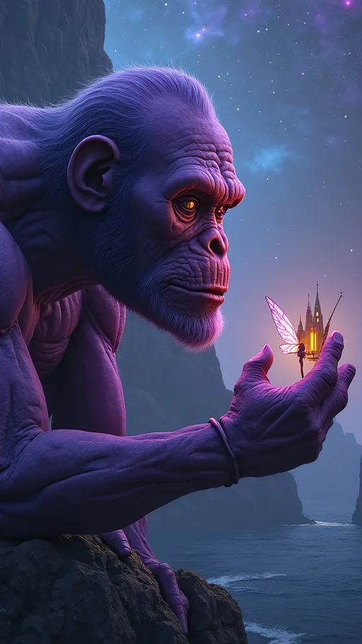 Prompt: This is a highly detailed, digital fantasy artwork depicting a colossal, anthropomorphic ape-like creature with a muscular, purple-hued body and a face resembling an old man, complete with wrinkled skin and a long, pointed nose. The creature's large, expressive eyes are focused on a small, fairy-like figure with translucent, iridescent wings that glow in shades of purple and blue. The fairy stands delicately on the creature's outstretched, massive hand. The ape-like creature's fur is textured with a cosmic pattern, blending stars and galaxies, adding a mystical element to its appearance.

In the background, there is a dramatic coastal scene with towering cliffs and a small, illuminated medieval-style castle perched on the edge of the cliff. The castle has tall, pointed towers and is bathed in warm, golden light, contrasting with the cool blues and purples of the night sky and ocean. The sky is filled with stars and a nebulous, cosmic aura, enhancing the fantastical atmosphere. The ocean below is dark and calm, reflecting the starry sky. The overall composition combines elements of fantasy, mythology, and surrealism, creating a vivid and enchanting scene.