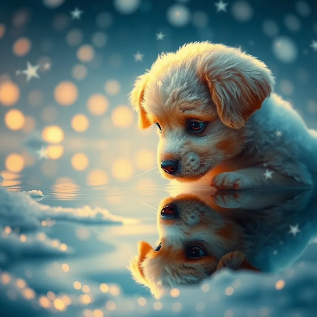 Prompt: Create image of a young puppy gazing into a reflective water surface. The scene is illuminated with a soft, ethereal glow, primarily blue and golden hues. The puppy's fur is detailed with a soft, fluffy texture, illuminated by a gentle backlight giving a halo effect around its head. The eyes of the puppy are expressive, showing curiosity as it looks at its reflection. The water surface is crystal clear, mirroring the puppy perfectly, with sparking highlights mimicking stars and subtle ripples. The background is ethereal, with scattered twinkling lights creating a starry-night effect. Snowy ground around the water is slightly textured, with hints of ice and frost, contributing to the magical ambiance. The overall style is hyperrealistic with a fantastic, dreamlike quality. Proportions are natural, with slight emphasis on the puppy's large eyes and ears. The foreground is dominated by the puppy and its reflection, while the background melds into a gentle, starlit glow.