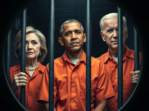 Prompt: (a powerful image of 3 political leaders), Hillary Clinton, Barrack Obama, Joe Biden, (all wearing orange prison uniforms), standing together, behind prison bars, (dark and gritty ambiance), (high contrast lighting), (evocative expressions), (capturing tension and atmosphere), (ultra-detailed), (circular framing), intense colors, (the backdrop reveals a gloomy prison setting).