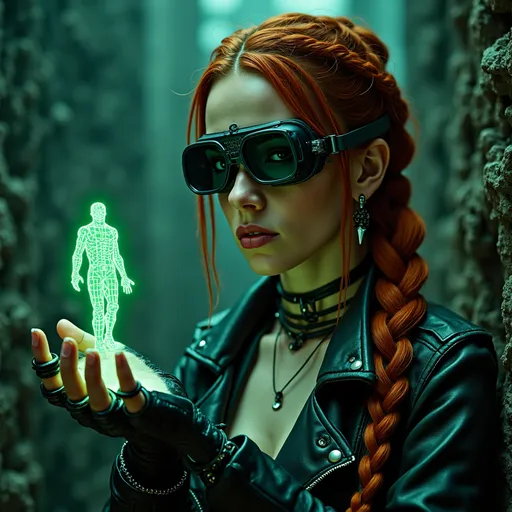 Prompt: Insanely detailed realistic photograph of a cyberpunk-themed character, showcasing a futuristic style. The subject is a female with extremely long braided natural red hair and goggles equipped with multiple lenses. Her appearance is accented with dark, heavy makeup around the eyes and a septum piercing. Metallic adornments and earrings decorate her ears and face, highlighting her punk aspect.

She wears a textured leather jacket with visible studs and patches, suggesting a rugged dystopian fashion. Her gloves are technological, with light emanating from her palms, hinting at advanced capabilities. From her goggles she is projecting into her hand a digital hologram floating above her hand, displaying a humanoid figure’s schematics in green lines against a black background.

The ambient lighting is moody, dominated by green, enriching the cyberpunk vibe. The background is dark and indistinct, focusing attention on the character and the luminous elements of her attire and the hologram. This scene combines elements of technology, edgy fashion, and a mysterious, rebellious atmosphere.