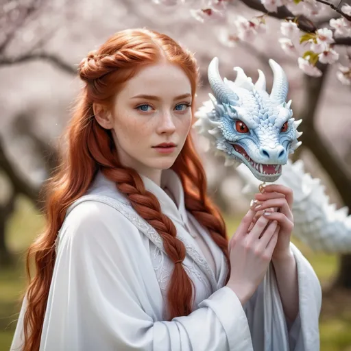 Prompt: Insanely detailed professional photograph of a gorgeous young woman, extremely long braided red hair freckles, wearing a white see through cloak, holding a small white dragon in her hands. The scene is set in a beautiful cherry blossom grove around Her. The woman’s piercing blue eyes gaze intently at the dragon, which appears both powerful and delicate. The background is sunny and cheerful, overall mood is mystical & intense