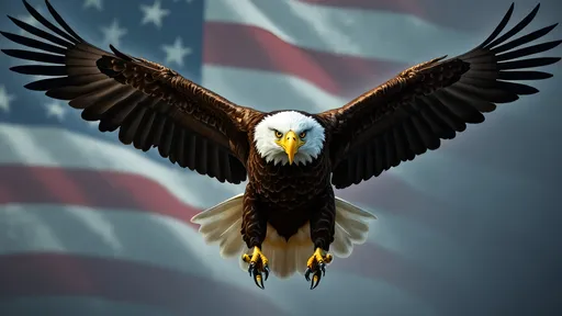 Prompt: Insanely detailed realistic photograph of a bald eagle in mid-flight, depicted with realistic features. The eagle, facing forward, has its wings fully spread wide, showcasing brown feathers with lighter brown tips. Its head is white with a yellow beak, and it has piercing yellow eyes that give a fierce expression. The eagle's powerful talons are extended downward, displaying sharp, black claws with yellow, textured bases. The background is a cloudy, dark blue sky with subtle gradients, creating a sense of depth and motion. In the background, there are faint, diagonal red and white stripes, reminiscent of an American flag, adding a patriotic element to the image. The overall composition is dynamic, with the eagle positioned centrally and slightly elevated, giving a sense of upward movement. The textures of the feathers and talons are detailed, with the feathers having a layered, three-dimensional appearance, while the talons have a rough, scaly texture.