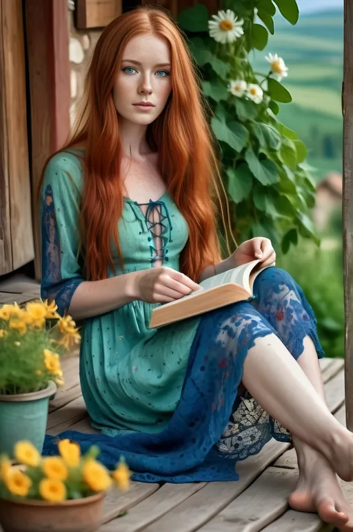 Prompt: A beautiful and charming woman, extremely long red hair, freckles,green eyes, boho style sort lace up  dress, blue and green colors, barefoot, reading while sitting on the landing of her rustic home in the village, surrounded by picturesque landscapes, blooming flowers and a medium-sized Labrador near her. Blender, fine details, ultra high definition, extremely high resolution, HDR