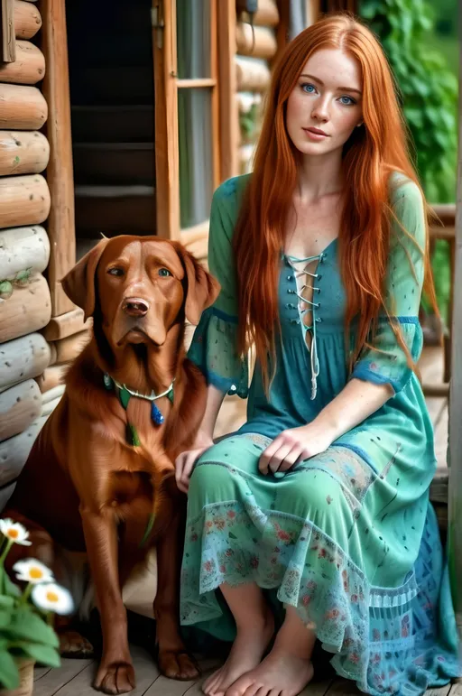 Prompt: A beautiful and charming woman, extremely long red hair, freckles,green eyes, boho style sort lace up  dress, blue and green colors, barefoot, reading while sitting on the landing of her rustic home in the village, surrounded by picturesque landscapes, blooming flowers and a medium-sized Labrador near her. Blender, fine details, ultra high definition, extremely high resolution, HDR