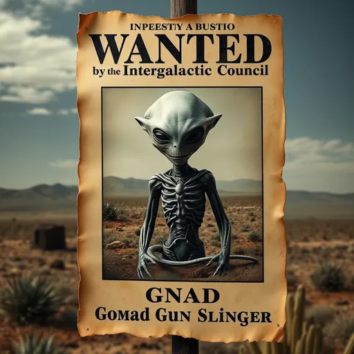 Prompt: A photorealistic image of an old weathered worn torn wanted poster revealing an alien, "Wanted by the Intergalactic Council" spelled correctly at the top of the poster, "Gonad the Gun Slinger" spelled correctly at the bottom of the poster. The old weathered worn and torn poster is vertically oriented, with the edges rough and uneven, as if ripped by hand. The contrast between the textured paper and the detailed landscape creates a striking visual effect,