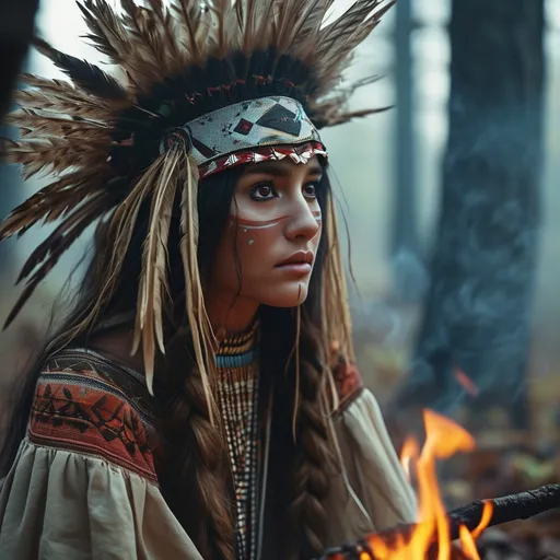 Prompt: An ultra macro image of a gorgeous native American young lady next to a camp fire in the woods, ghostly smoke rises from the fire to form female fairies, highly detailed features, long braided hair