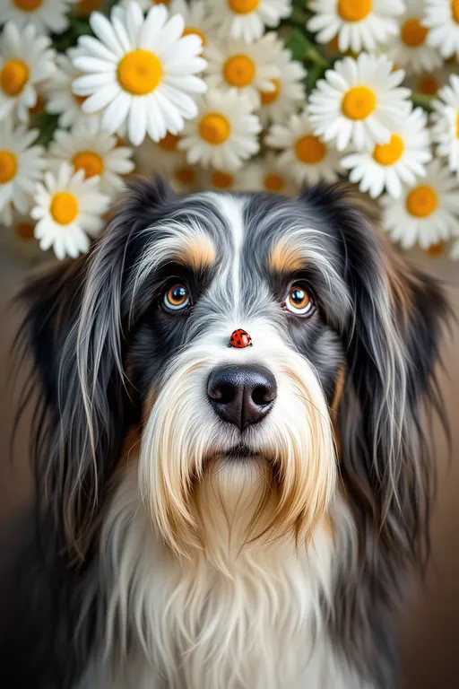 Prompt: Insanely detailed realistic photograph of a dog with whimsical facial expression looking crosseyed at A bright red ladybug with black spots sitting on the dog's nose, adding a vivid contrast. The dog, likely a Bearded Collie or similar breed, has extremely long, detailed flowing hair that is predominantly gray and white. The white portions appear prominently on its muzzle, dividing its face symmetrically, and around its large, expressive eyes. The gray fur adorns the top of its head, ears, and patches on the sides. The background features a soft focus view of a room with muted and warm tones. Daisies with white petals and bright yellow centers fill the upper part of the image, some are partially out of focus, contributing to a dreamy ambiance. This contrast of the sharp, detailed foreground and the softer, impressionistic background enhances the central figure of the dog, emphasizing its gentle and calm demeanor.