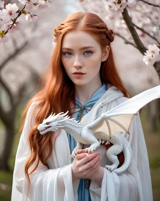 Prompt: Insanely detailed professional photograph of a gorgeous young woman, extremely long braided red hair freckles, wearing a white see through cloak, holding a small white dragon in her hands. The scene is set in a beautiful cherry blossom grove around Her. The woman’s piercing blue eyes gaze intently at the dragon, which appears both powerful and delicate. The background is sunny and cheerful, overall mood is mystical & intense