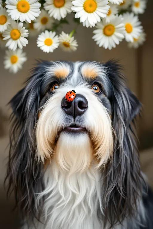 Prompt: Insanely detailed realistic photograph of a dog with whimsical facial expression looking crosseyed at A bright red ladybug with black spots sitting on the dog's nose, adding a vivid contrast. The dog, likely a Bearded Collie or similar breed, has extremely long, detailed flowing hair that is predominantly gray and white. The white portions appear prominently on its muzzle, dividing its face symmetrically, and around its large, expressive eyes. The gray fur adorns the top of its head, ears, and patches on the sides. The background features a soft focus view of a room with muted and warm tones. Daisies with white petals and bright yellow centers fill the upper part of the image, some are partially out of focus, contributing to a dreamy ambiance. This contrast of the sharp, detailed foreground and the softer, impressionistic background enhances the central figure of the dog, emphasizing its gentle and calm demeanor.