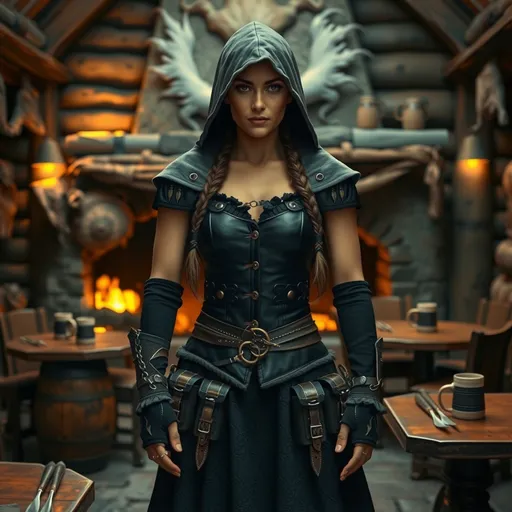 Prompt: Create image of a striking woman with long, braided hair, wearing a black corset and a gray hood, standing in an old-fashioned tavern. The background shows rustic wooden walls with animal pelts hanging, a large stone fireplace with a roaring fire, and wooden furniture. The woman’s attire includes a leather belt with a sword and several pouches. She has a confident, imposing presence. The color palette consists of dark, muted colors characteristic of medieval or fantasy settings, including deep browns, grays, and blacks. The foreground showcases the woman's detailed attire, including intricate leatherwork and metal accessories. The tavern's warm atmosphere is accentuated by the orange glow of the fire. Numerous wooden barrels and mugs are visible on the tables, contributing to an authentic medieval feel. Lighting comes predominantly from the fire, casting dynamic shadows and highlighting the textures of wood, stone, and fabric.