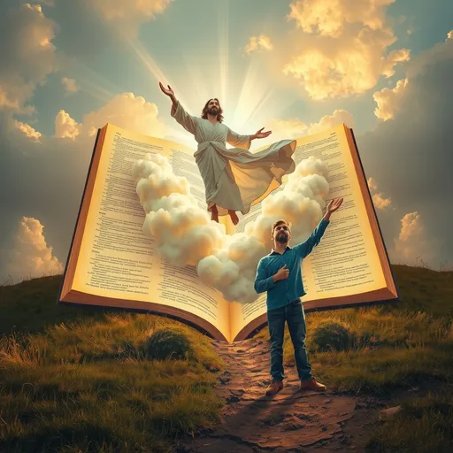 Prompt: Create image of a surreal scene. A gigantic, open book, vertical and radiating golden light, serves as background. Pages filled with detailed text frame the book's interior. Emerging from the book, a Jesus Christ dressed in flowing white robes exudes divine light. The figure floats on swirling, billowing clouds that extend from the book's base to the ground. The figure reaches outwards with grace and serenity. In the foreground, a man in modern casual clothing—blue shirt, jeans, brown shoes—extends his arm towards the divine figure in reverence. He stands on a dirt path amidst a grassy, slightly hilly landscape. Wisps of clouds and golden hues infuse the background sky, blending with the earthly tones below. The overall color palette mixes soft, muted greys and whites of the clouds with deep, warm earth tones and golden illumination, creating a harmonious and ethereal atmosphere. The proportions magnify the divine figure and the book, emphasizing their surreal and spiritual essence.