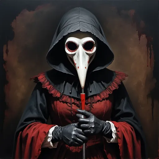 Prompt: Creepy, half woman half plague doctor, red stain around mouth, holding a scalpel in one hand, full body visible, dark and eerie, horror, high quality, oil painting, Gothic style, h h geiger, haunting lighting, sinister atmosphere