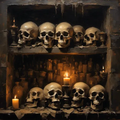 Prompt: <mymodel> A dark, moody gothic medieval labaratory wall. Shelf full of skulls. Gothic architecture. Candlelight.