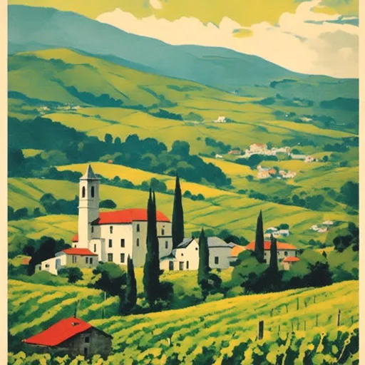 Prompt: <mymodel> 
travel poster from the 60s for a vineyard in the Appalachian hills.