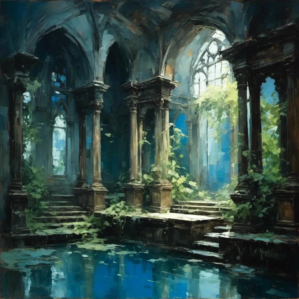 Prompt: <mymodel> A peaceful sanctuary with ornate gothic architecture. Overgrown with plants. A clear pool of water is at the center. Dramatic shafts of blue light from above.