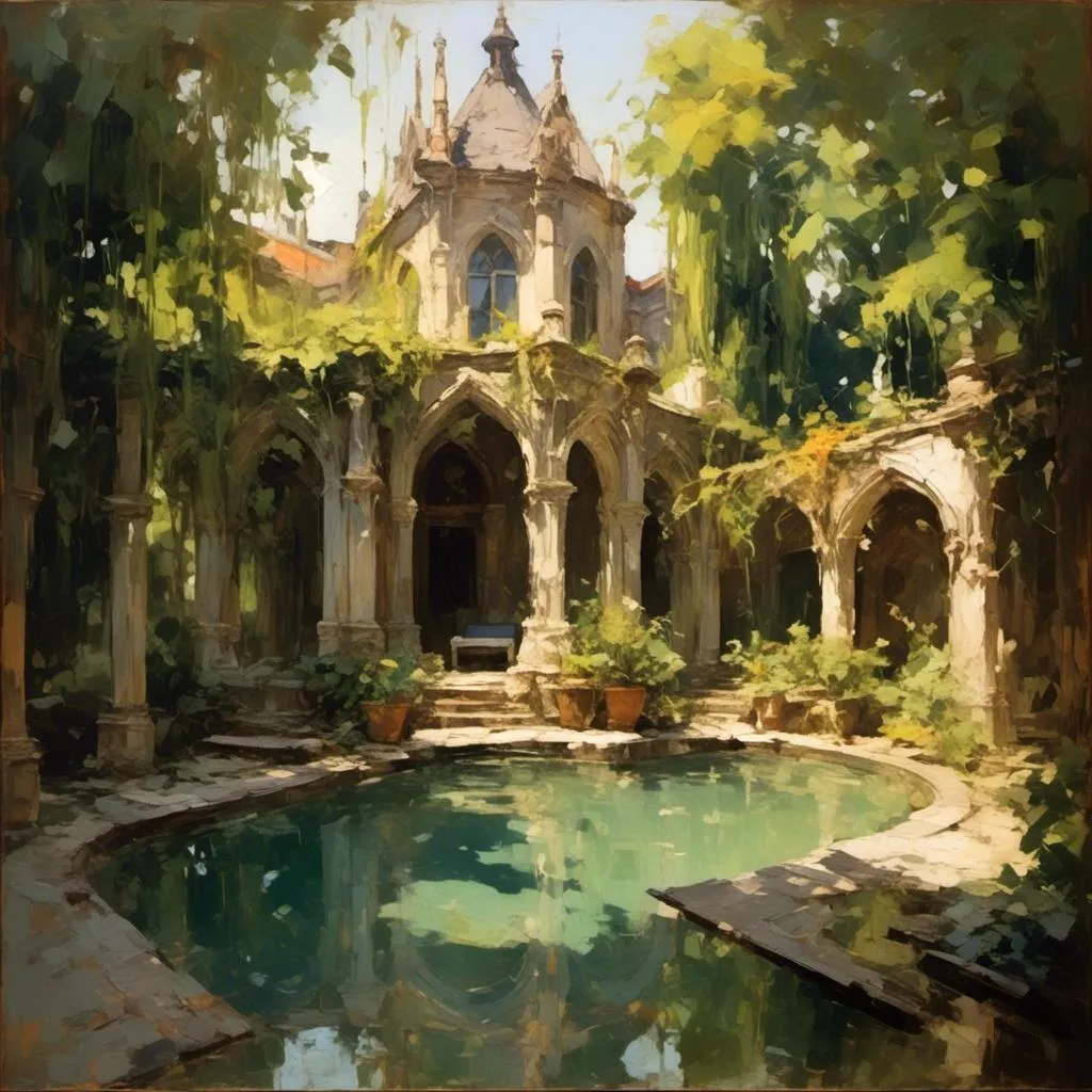 Prompt: <mymodel> A peaceful sanctuary with ornate gothic architecture. Overgrown with plants. A clear pool of water is at the center. Late afternoon.