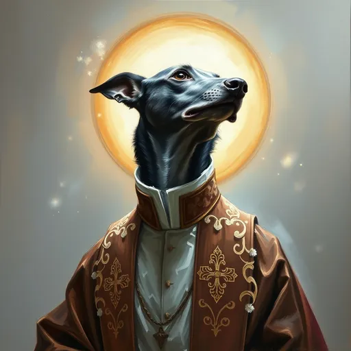 Prompt: Oil painting of a (holy greyhound saint dressed in ornate catholic priest robes looking up and to the left), beatific pose, (dramatic lighting), radiant halo surrounding the figure, serene expression conveying divinity, soft brush strokes in the style of John singer Sargent, creating a sense of ethereal beauty, impasto visible brush strokes, three quarter view, muted color palette with gentle grays and blues, rich texture, captivating background that enhances the saint’s holiness, (highly detailed), masterpiece quality