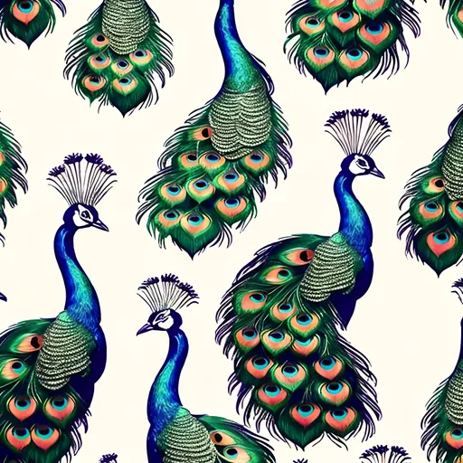 Prompt: repeating pattern in the style of wrapping paper of a strutting peacock, followed by a champagne glass. repeating at least 4 times on the page,. whimsical and fun