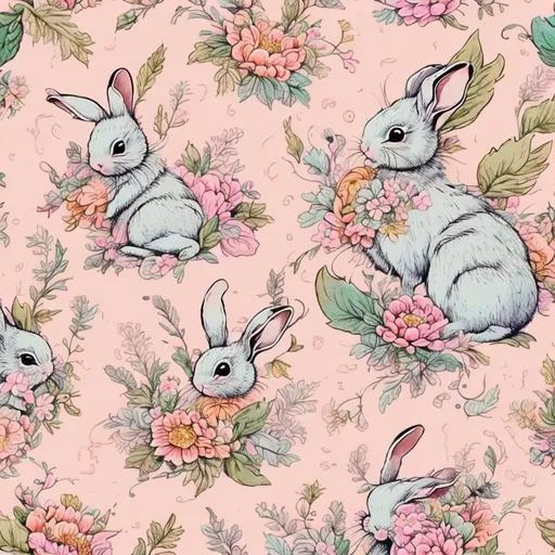 Prompt: Wallpaper pattern of two playful baby bunnies, vibrant floral background, high quality, detailed fur and floral details, pastel colors, cute and whimsical, 2D illustration, soft lighting, playful bunnies, vibrant flowers, detailed pattern, pastel colors, high quality, whimsical, adorable, floral background, 2D illustration, soft lighting, commercial quality