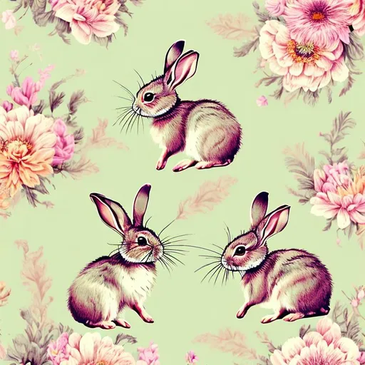 Prompt: Wallpaper pattern of two playful TINY baby bunnies, vibrant floral background, high quality, detailed fur and floral details, pastel colors, cute and whimsical, 2D illustration, soft lighting, playful bunnies, vibrant flowers, detailed pattern, pastel colors, high quality, whimsical, adorable, floral background, 2D illustration, soft lighting, commercial quality