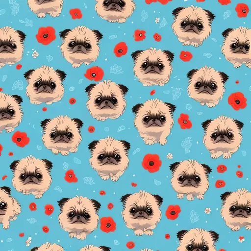 Prompt: wrapping paper design with a whimsical repeating pattern of tiny pekingese dogs surrounded by poppies, vibrant and playful colors, light-hearted and fun, high quality, cute and charming, seamless design, professional, vibrant colors, playful cartoon style, whimsical, repeating pattern, best quality, highres, pekingese