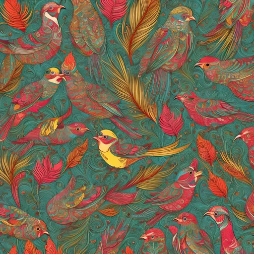 Prompt: Wrapping paper style pattern with vibrant birds, high detail, artistic quality, vibrant colors, intricate patterns, ornate design, detailed feathers, high-quality illustration, decorative, elegant, colorful, intricate linework, professional, vibrant palette, detailed artwork, best quality