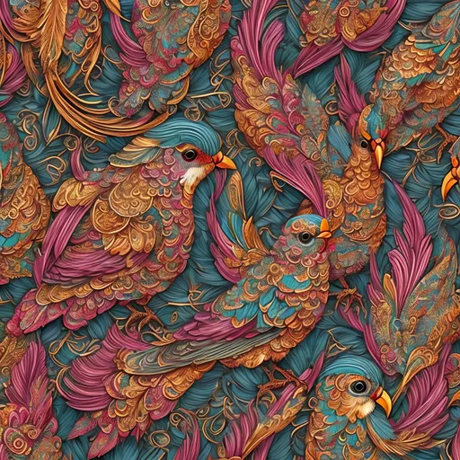 Prompt: Wrapping paper style pattern with vibrant birds, high detail, artistic quality, vibrant colors, intricate patterns, ornate design, detailed feathers, high-quality illustration, decorative, elegant, colorful, intricate linework, professional, vibrant palette, detailed artwork, best quality. high contrast colors